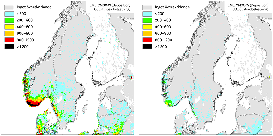 Mellan år 2000 och 2019 har den kritiska belastningen för försurning framför allt ökat i södra och sydvästra Sverige