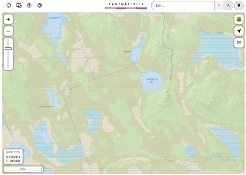 Figur 4. Exempel på område som kan omfattas av förbud inom symbolen för sankmark i Min Karta. Kartbilden är en slumpmässig vald del av Sverige. Karta Min karta ©Lantmäteriet.